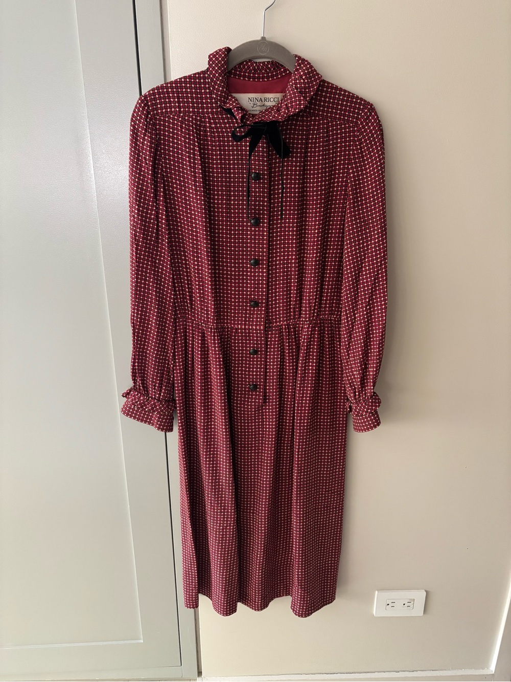 Nina Ricci Silk Red Patterned Long-Sleeve Midi Dress